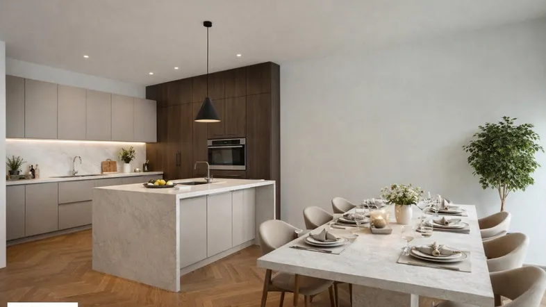 Moderne offene Küche mit Kochinsel und Essbereich, ausgestattet mit Holzboden und stilvoller Beleuchtung.