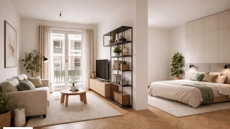Helles, offenes Wohnzimmer mit Parkettboden, Sofa und integriertem Schlafbereich sowie Balkonzugang.