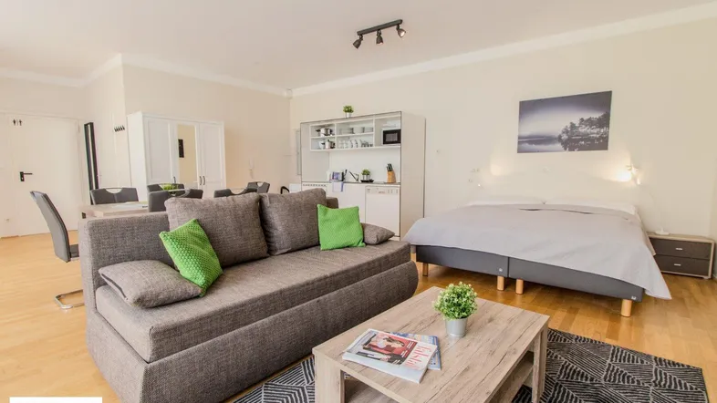 Geräumiger Wohn-Schlafbereich mit integrierter Küchenzeile, Sofa, Bett und Holzboden.