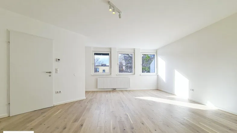 Heller, leerer Wohnraum mit hellem Holzfußboden und drei großen Fenstern, die viel Tageslicht hereinlassen.