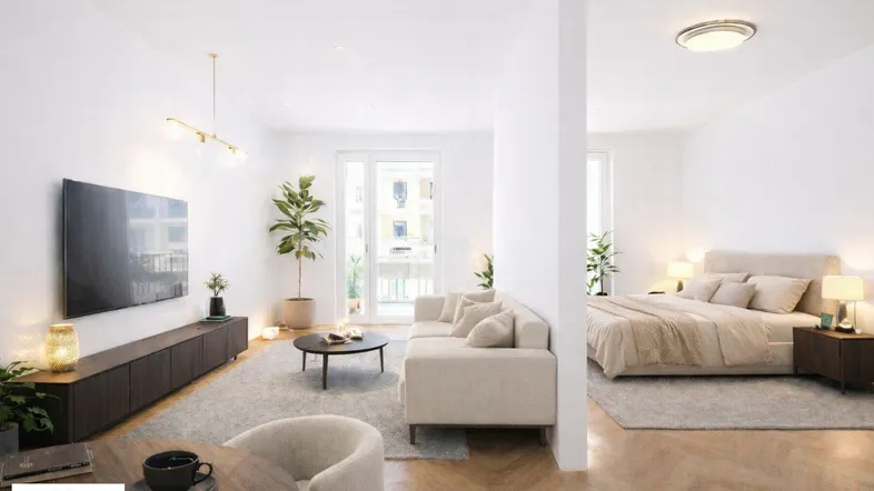 Helles, modern eingerichtetes Wohnzimmer mit Parkettboden und offenem Schlafbereich.