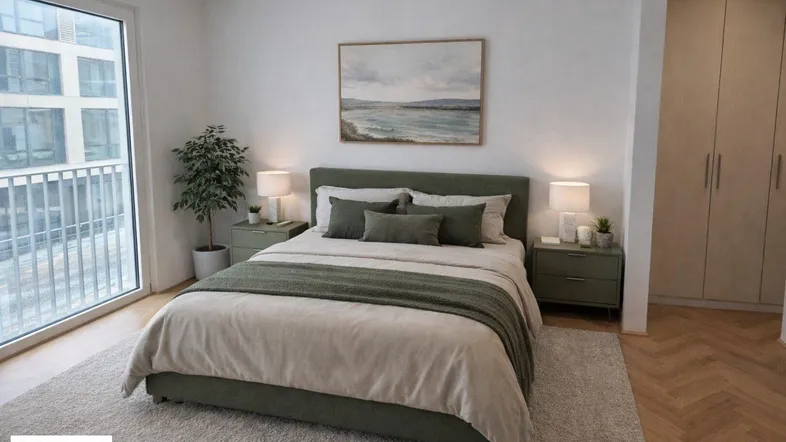 Helles Schlafzimmer mit modernem Design, Parkettboden und Zugang zu einem Balkon.