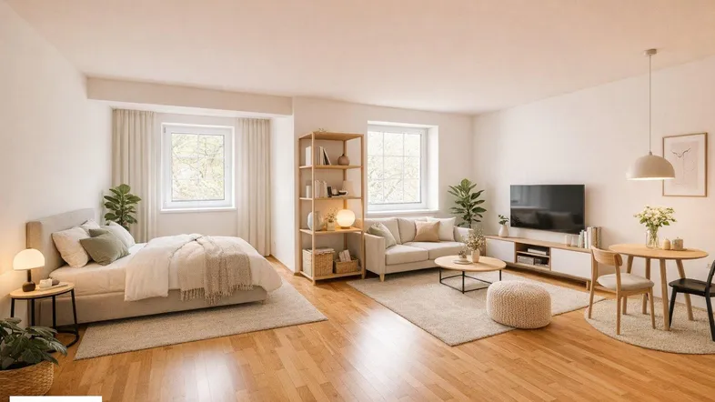 Helles, modern eingerichtetes Studio-Apartment mit Schlaf-, Wohn- und Essbereich in einem offenen Raum.