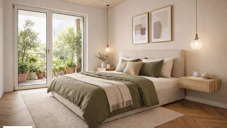 Helles Schlafzimmer mit Holzboden, Balkonzugang und moderner Einrichtung, ideal zum Entspannen.