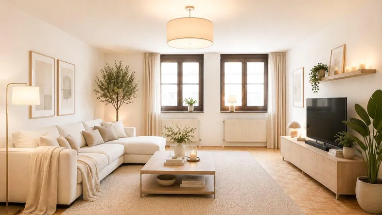Helles und modern eingerichtetes Wohnzimmer mit beigem Sofa, Holzboden und zwei Fenstern.