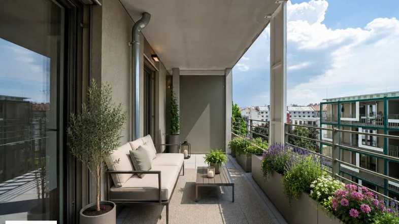 Möblierter Balkon mit Pflanzen, Sitzgelegenheiten und Blick auf die Stadt.