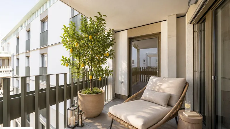 Gemütlicher Balkon mit bequemer Liege, Zitronenbaum und Blick auf die moderne Wohnanlage.