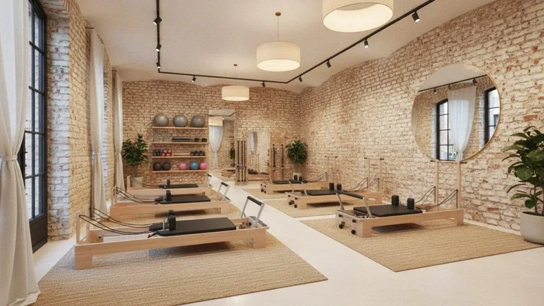 Helles Pilates-Studio mit mehreren Reformern, sichtbaren Ziegelwänden und großen Fenstern.