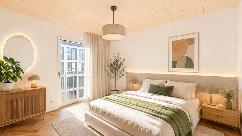 Helles Schlafzimmer mit Holzbalkendecke, Fischgrätparkett und Zugang zu einem Balkon oder einer Terrasse.