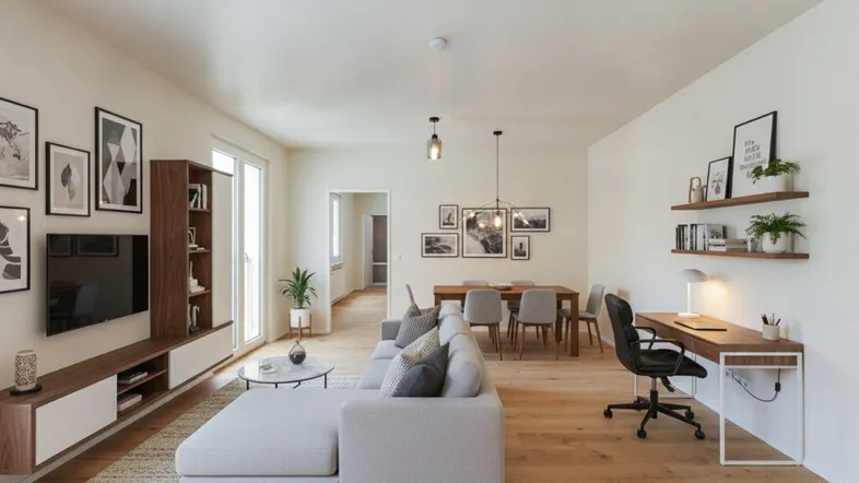 Helles, offenes Wohn- und Esszimmer mit modernem Design, Holzboden und integriertem Arbeitsbereich.