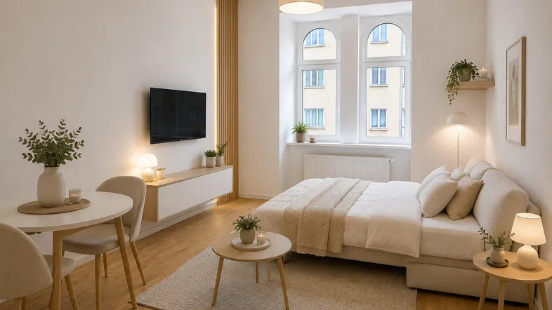 Helles, modern eingerichtetes Studio-Apartment mit Schlafbereich, Essplatz und Blick nach draußen.