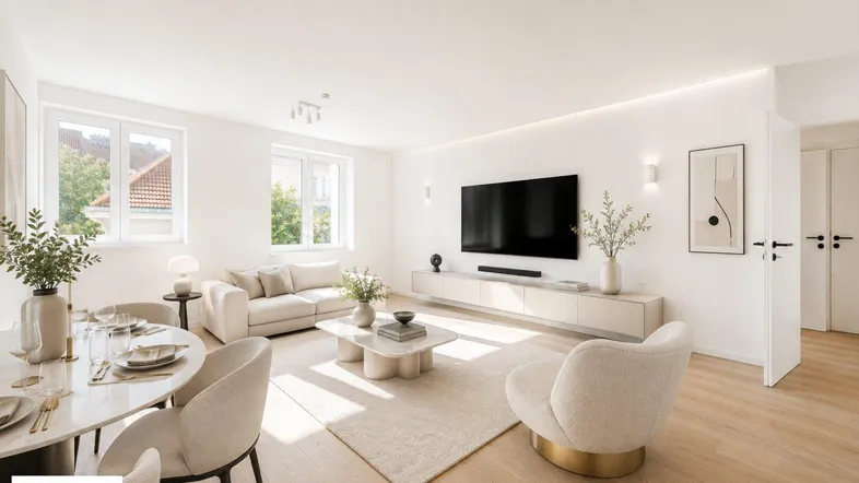 Helles, modern eingerichtetes Wohn-Esszimmer mit Holzboden und viel Tageslicht.