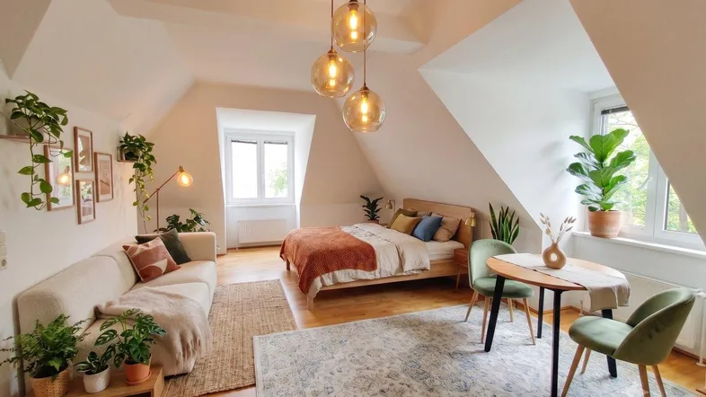 Helles Dachzimmer mit Holzboden, Bett, Sofa und Essbereich, modern eingerichtet mit vielen Pflanzen.