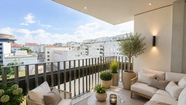 Möblierter Balkon mit bequemen Sitzgelegenheiten und weitem Blick über die Stadt.