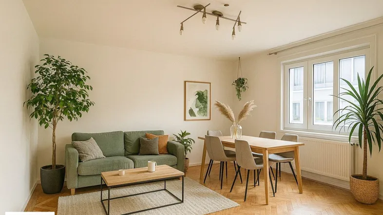 Helles Wohn- und Esszimmer mit grüner Couch, Holztisch und Fischgrätparkett, umgeben von Pflanzen.