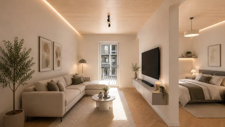 Heller, offener Wohnbereich mit modernem Sofa, Holzboden und Zugang zu einem kleinen Balkon.