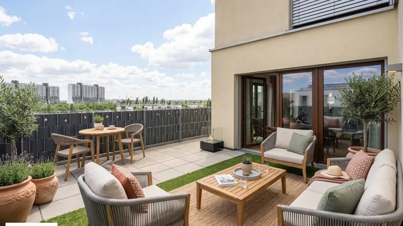 Große möblierte Dachterrasse mit Sitzgelegenheiten, Pflanzen und Blick auf die Stadt.