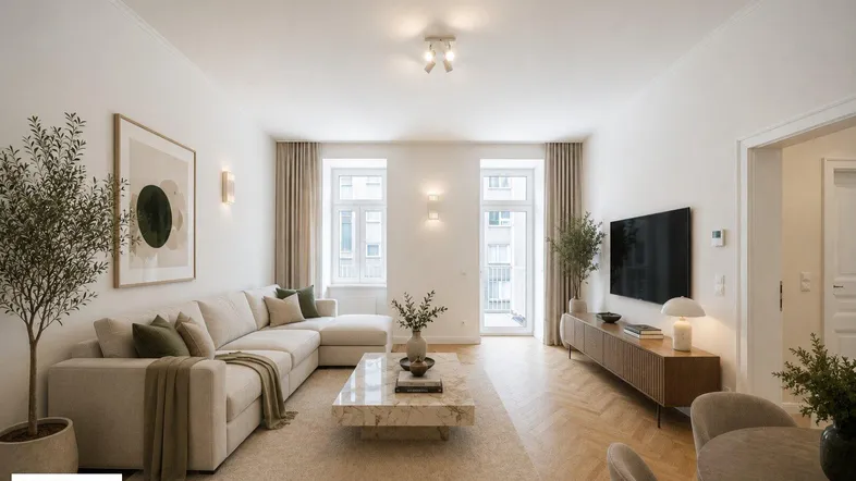 Helles, modern eingerichtetes Wohnzimmer mit beigem Ecksofa, Holzboden und Zugang zum Balkon.
