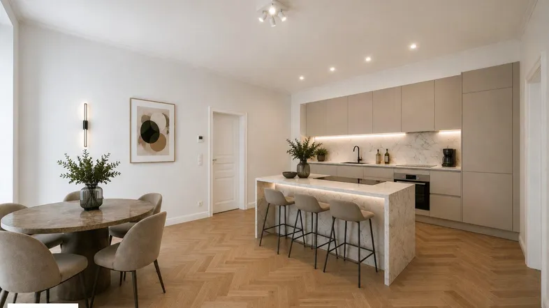 Moderne offene Küche mit Essbereich, Kücheninsel und elegantem Fischgrätparkett.