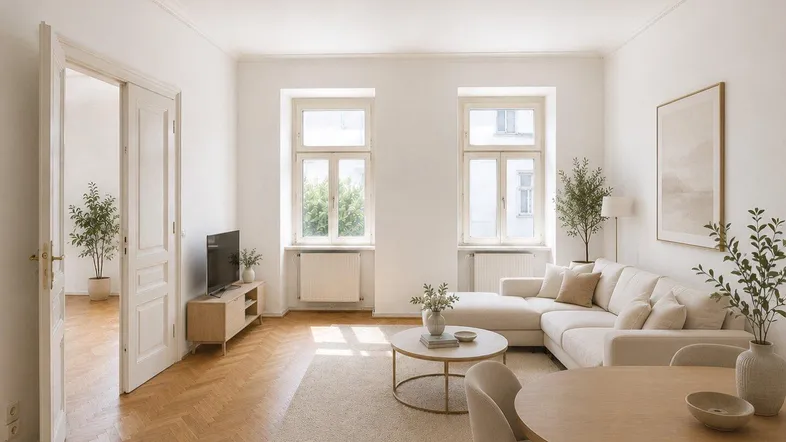 Helles Wohn- und Esszimmer mit Fischgrätparkett, hohen Decken und großen Fenstern.