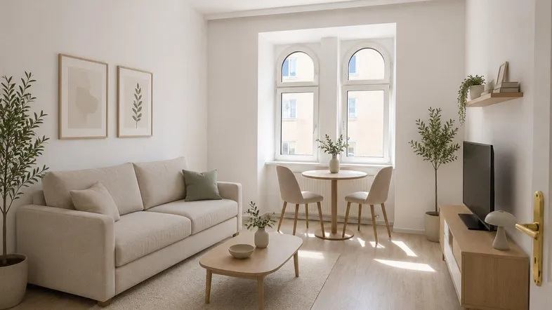Helles Wohnzimmer mit beigem Sofa, Holzboden und zwei Rundbogenfenstern, modern eingerichtet.