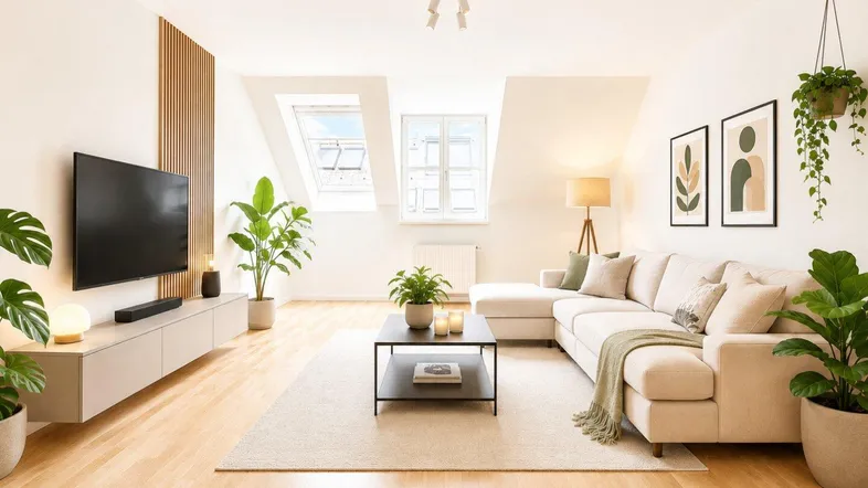 Helles und modern eingerichtetes Wohnzimmer mit Dachschrägen, Holzboden und vielen Pflanzen.