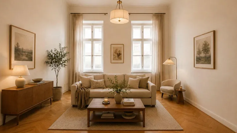Helles Wohnzimmer mit Fischgrätparkett, beigem Sofa und stilvoller Einrichtung, ideal zum Entspannen.