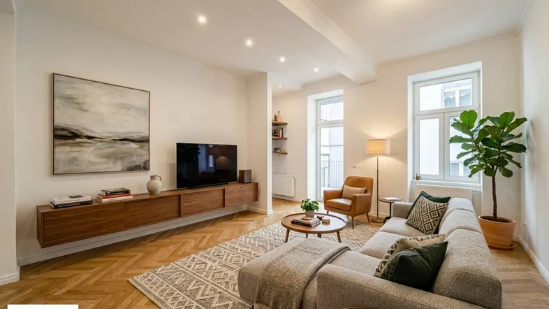 Helles Wohnzimmer mit modernem Interieur, Fischgrätparkett und Zugang zum Balkon.