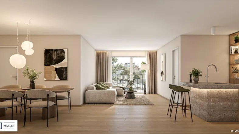 Moderner offener Wohn- und Essbereich mit integrierter Küche und Zugang zum Balkon.