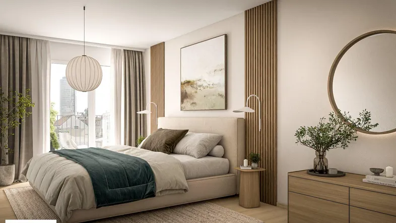 Modernes Schlafzimmer mit hellem Holzboden, großem Bett und Zugang zu einem Balkon.