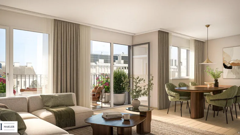 Helles Wohn- und Esszimmer mit modernem Design, Parkettboden und Zugang zum Balkon.