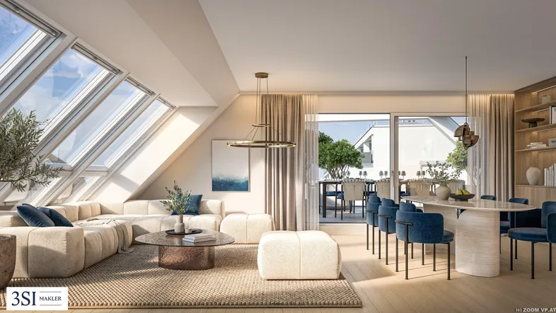 Helles, modernes Wohn-Esszimmer mit Dachfenstern, Holzboden und Zugang zu einer Terrasse.