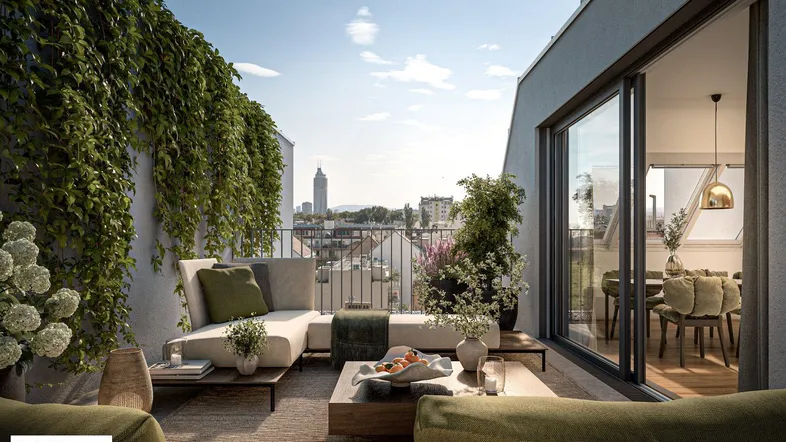 Moderne Dachterrasse mit bequemen Loungemöbeln, üppiger Begrünung und weitem Stadtblick.