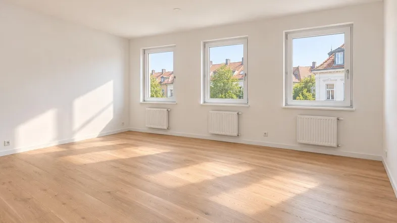 Helles, leeres Zimmer mit Parkettboden und drei Fenstern mit Blick auf die Umgebung.