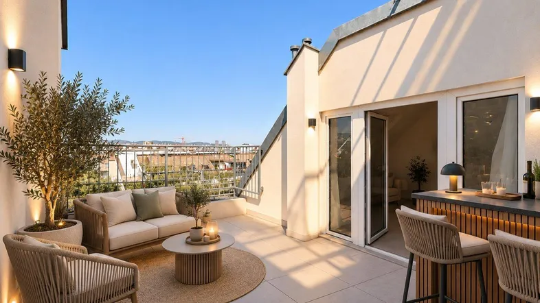 Möblierte Dachterrasse mit gemütlicher Sitzecke, Außenbar und Blick über die Stadt.