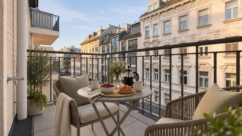 Gemütlicher Balkon mit Sitzgelegenheiten und Blick auf die Stadtgebäude.