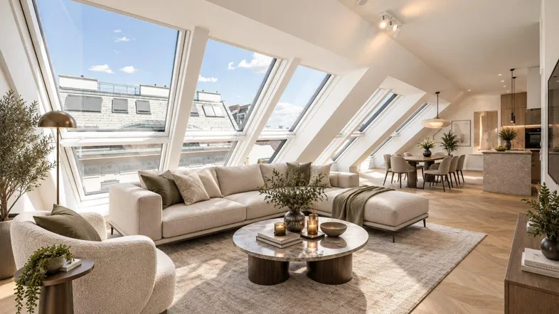 Lichtdurchfluteter Wohnbereich mit Dachfenstern, modernem Interieur und angrenzendem Essbereich.