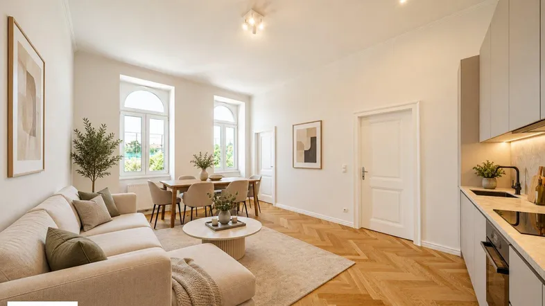 Heller, offener Wohn- und Essbereich mit moderner Einbauküche, Fischgrätparkett und hohen Decken, ideal für geselliges Beisammensein.