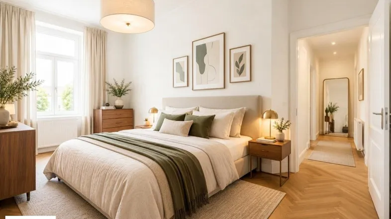 Helles Schlafzimmer mit Doppelbett, Holzmöbeln, Fischgrätparkett und Zugang zum Flur.