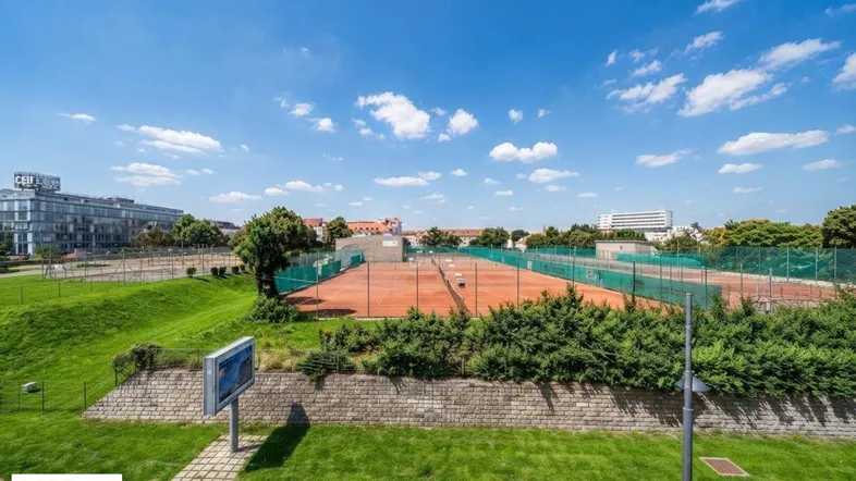 Weitläufige Tennisplätze mit umliegender Grünfläche unter blauem Himmel.