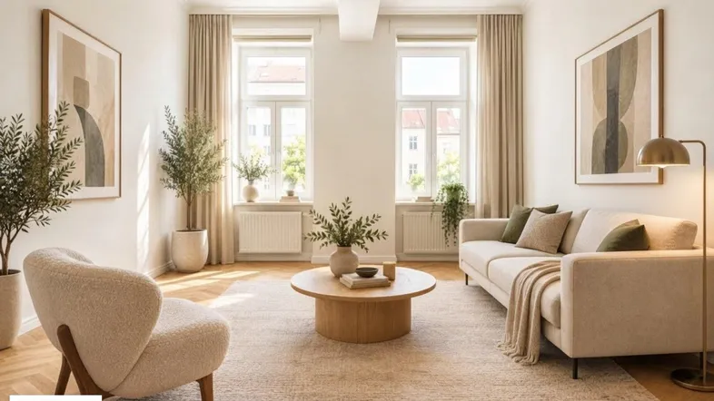 Helles Wohnzimmer mit modernem Design, beigem Sofa, Holzboden und großen Fenstern.