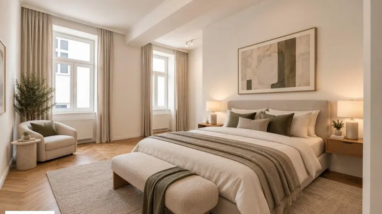 Helles und modernes Schlafzimmer mit hohen Decken, Fischgrätparkett und großen Fenstern.