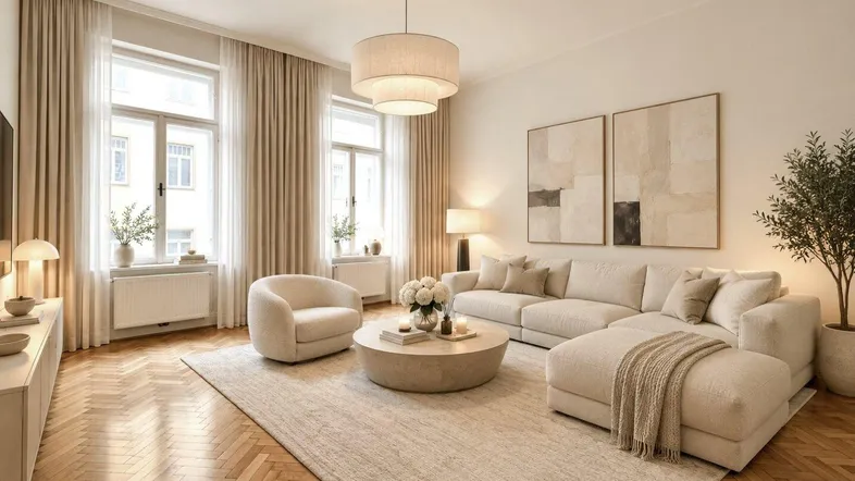 Helles und modern eingerichtetes Wohnzimmer mit beigem Sofa, Parkettboden und großen Fenstern.
