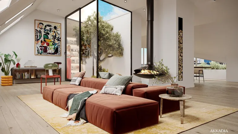 Modernes Wohnzimmer mit großem Sofa, freistehendem Kamin und einem Atrium mit Baum, unter einem Dachschrägen-Dach.