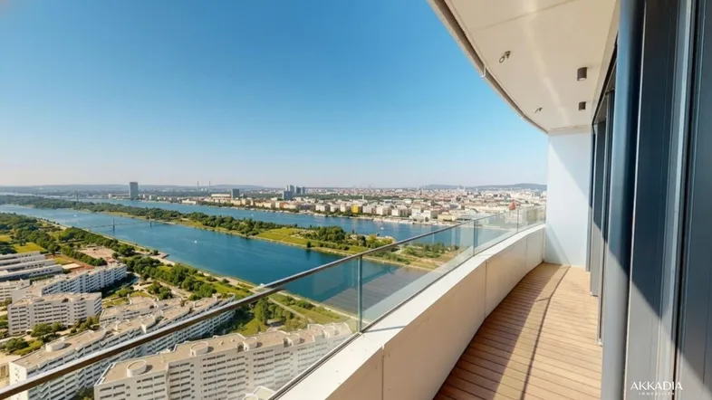 Geräumiger Balkon mit Holzbelag und Glasgeländer bietet einen weiten Panoramablick über die Stadt und den Fluss.