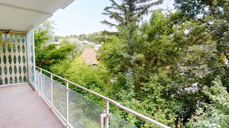 Geräumiger Balkon mit Glasgeländer und weitem Blick ins Grüne sowie auf umliegende Häuser.
