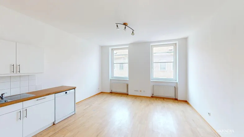 Heller offener Wohnbereich mit integrierter Küche, Holzboden und zwei Fenstern für viel Tageslicht.