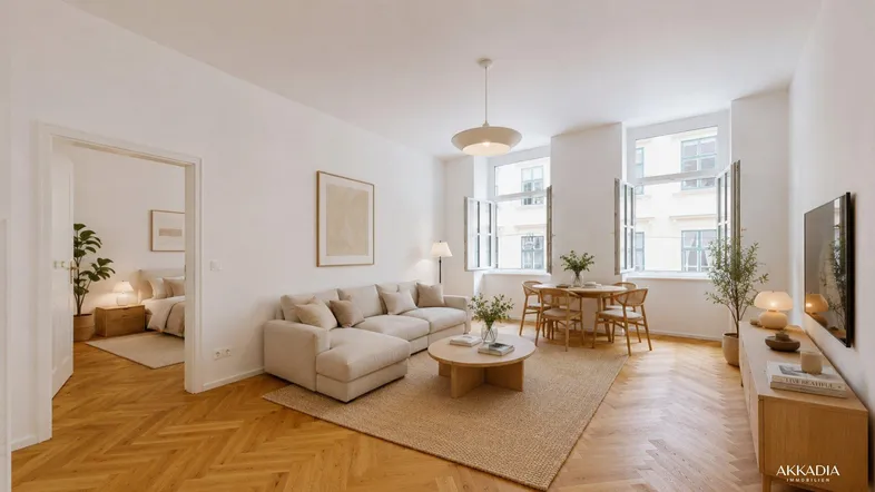 Helles Wohn- und Esszimmer mit Fischgrätparkett, modernen Möbeln und Blick auf die Stadt.