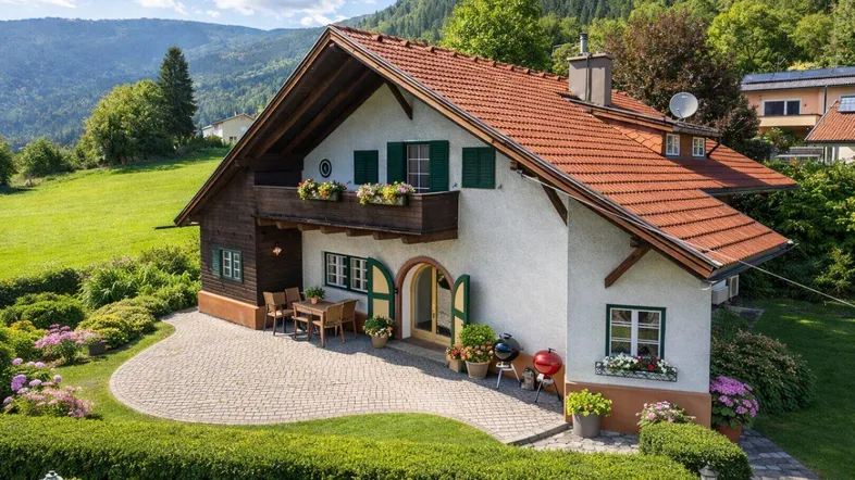 Traditionelles Haus mit rotem Ziegeldach, Balkon und gepflegtem Garten in bergiger Landschaft.