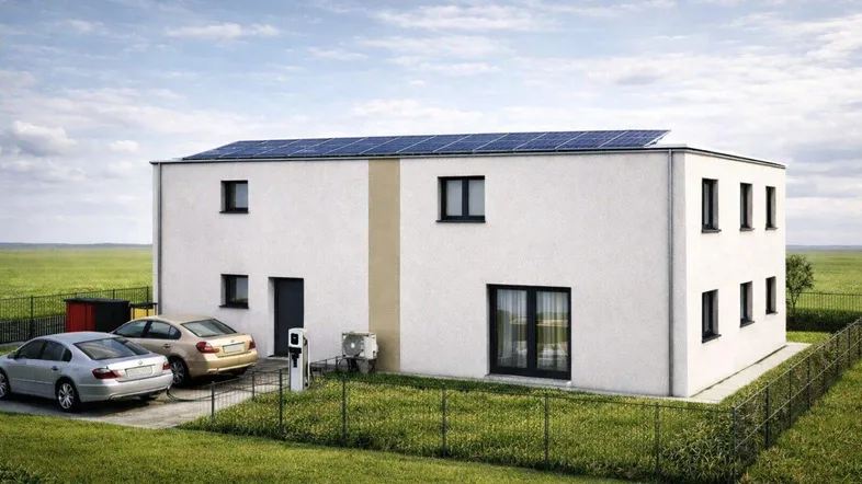 Modernes Einfamilienhaus mit Photovoltaikanlage auf dem Dach und Stellplätzen für Fahrzeuge.